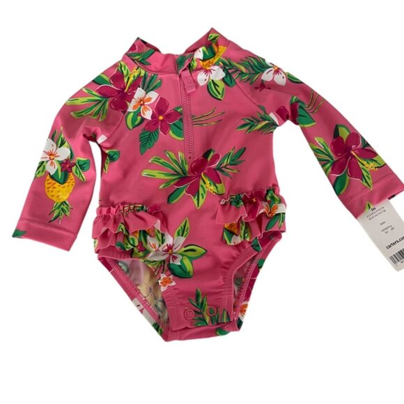 Carters Pink Floral Rash Guard Swimsuit UPF 50+ Sun Protection Baby Girls 3Mo - Picture 1 of 8